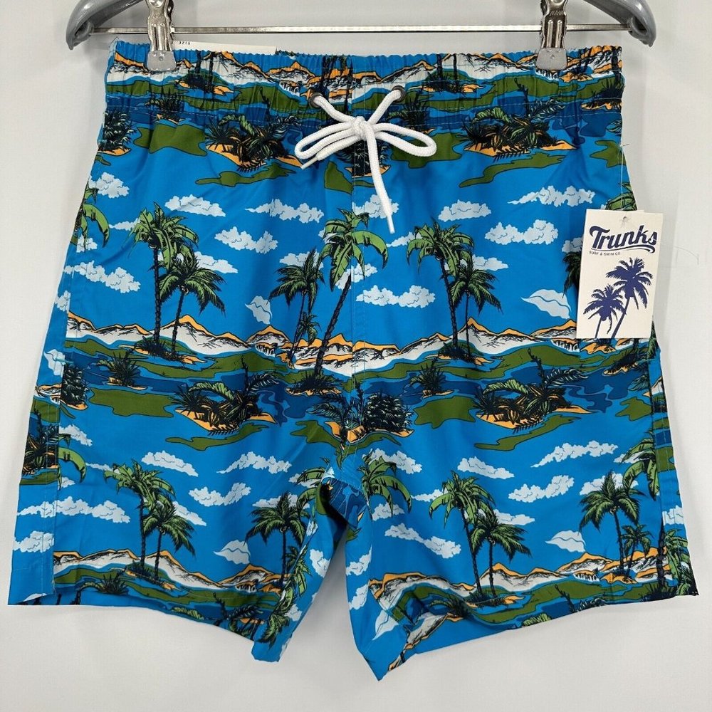 Trunks Surf & Swim Co. Men's 6" Sano Swim Shorts sz S Blue Island Life Palm Tree